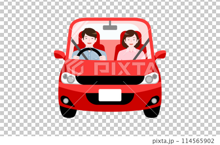 ドライブで車に乗る笑顔の夫婦・家族の正面イラスト_旅行・自動車保険・運転イメージ 114565902