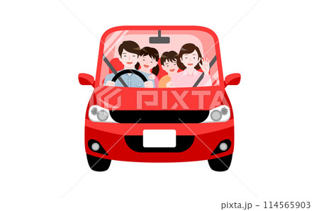 家族旅行で車に乗りドライブを笑顔で楽しむファミリーのイラスト_夏休み・おでかけ・自動車保険 114565903