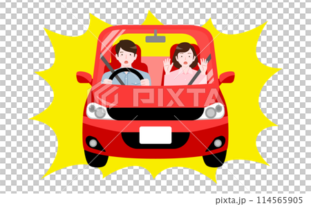 急ブレーキでの危険・事故をイメージした車でドライブするびっくり驚く夫婦家族のイラスト_正面向き 114565905