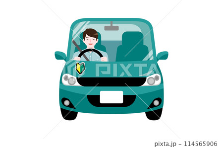 1人で初心者マークをつけて車を運転する男性ドライバーのイラスト_自動車・安全運転 114565906