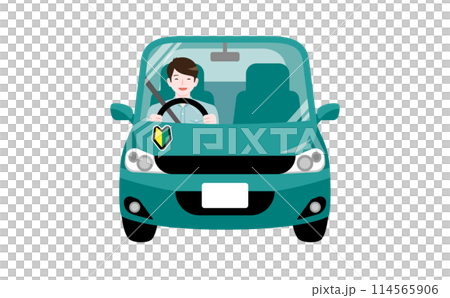 1人で初心者マークをつけて車を運転する男性ドライバーのイラスト_自動車・安全運転 114565906