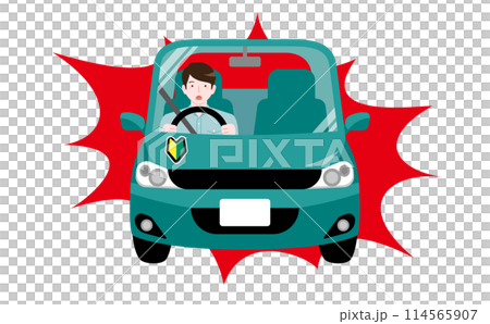 急ブレーキでびっくり驚く1人で初心者マークをつけて車を運転する男性ドライバーのイラスト_危険・事故 114565907