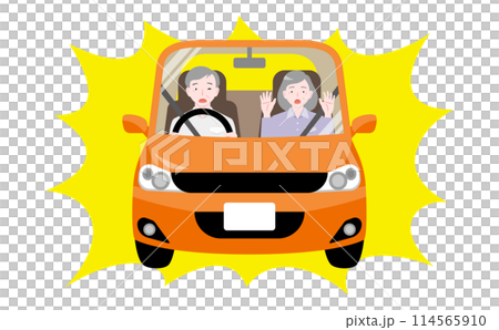 シニア夫婦の乗るオレンジの自動車が危険運転・事故に遭うイラスト_危険な高齢者運転イメージ 114565910