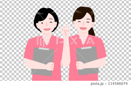 カルテを持ちスクラブを着た笑顔でOKポーズの看護師・ナース女性2人のイラスト_医療系仕事 カルテを持ちスクラブを着た笑顔でOKポーズの看護師・ナース女性2人のイラスト_医療系仕事 114566074