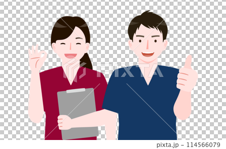 Illustration of smiling young men and women in medical professions such as doctors and nurses wearing scrubs_OK/Good Illustration of smiling young men and women in medical professions such as doctors and nurses wearing scrubs_OK/Good 114566079