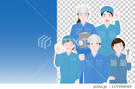 Full-body illustration of multiple men and women workers and staff wearing helmets, hats and work clothes lined up in two rows 114566084