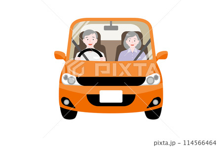 シニア夫婦が笑顔でオレンジ色の自動車に乗り、高齢者運転・ドライブしているイラスト シニア夫婦が笑顔でオレンジ色の自動車に乗り、高齢者運転・ドライブしているイラスト 114566464