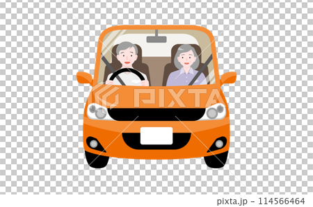 一對年長夫婦微笑著駕駛橙色汽車的插圖 114566464