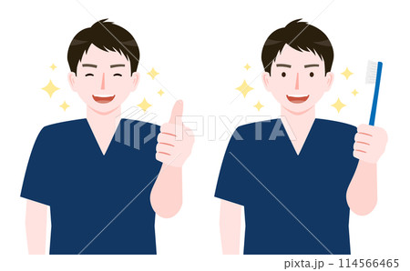 歯ブラシを持って笑顔で歯磨き指導する歯医者のイメージイラスト_歯科・インプラント・ホワイトニングなど 歯ブラシを持って笑顔で歯磨き指導する歯医者のイメージイラスト_歯科・インプラント・ホワイトニングなど 114566465