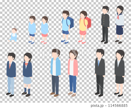 Isometric illustration set of men and women from baby to adulthood 114566885