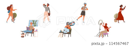 People Character Using Different Gadget and Mobile Device Vector Set 114567467