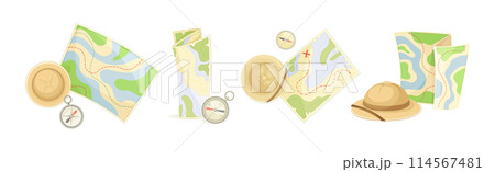Expedition Map Depicting Geography and Route of Tourist Journey Vector Set 114567481