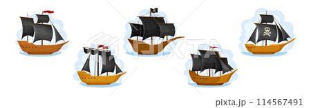 Pirate Ships with Black Sails with Skull and Bone Vector Set 114567491