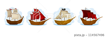 Pirate Ships with White and Red Sails Vector Set 114567496
