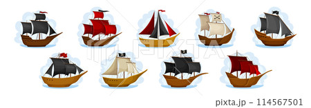 Pirate Ships with Black and Red Sails Vector Set 114567501