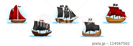 Pirate Ships with Black and Red Sails Vector Set 114567502