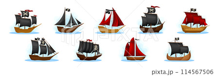 Pirate Ships with Black and Red Sails Vector Set 114567506
