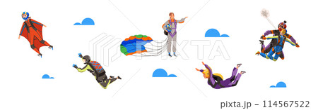 People Character with Parachute Skydiving Floating in Sky Vector Set 114567522