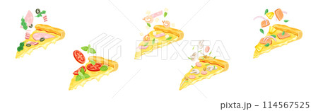 Tasty Pizza Slice Cut Float with Topping Vector Set Tasty Pizza Slice Cut Float with Topping Vector Set 114567525