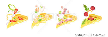 Tasty Pizza Slice Cut Float with Topping Vector Set Tasty Pizza Slice Cut Float with Topping Vector Set 114567526