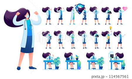 Set of Woman doctor. Presentation in various in various poses and actions. 2D Flat character vector illustration N3 114567561