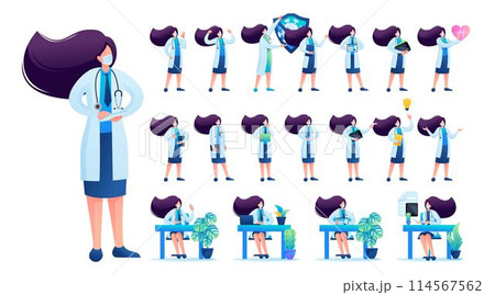 Set of Woman doctor. Presentation in various in various poses and actions. 2D Flat character vector illustration N9 114567562