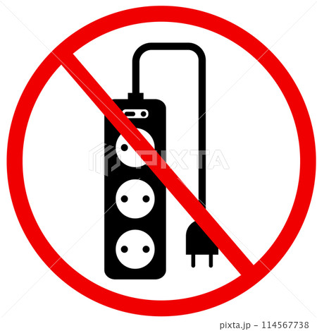 No extension cord voltage symbol. Do not use extension cord sign. Forbidden Prohibited Warning. flat style. 114567738