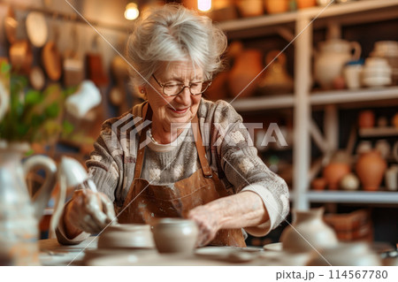 Joyful elderly lady shaping clay pots with skill and dedication in a cozy pottery studio Joyful elderly lady shaping clay pots with skill and dedication in a cozy pottery studio 114567780