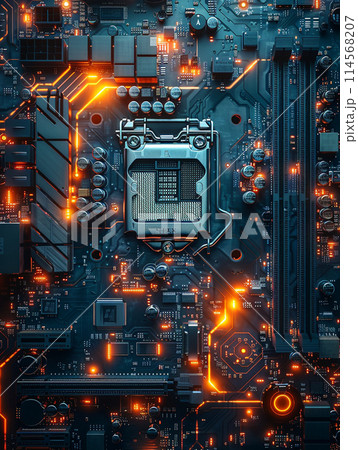 電子回路、サイバー空間、ネオン、近未来、CPU 114568207