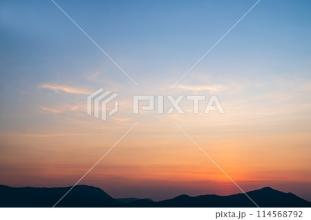 Sunset Sky Orange Cloud Sunrise Background Evening Golden Hour Blue Dawn Twilight Summer blur Nature Night Horizon Sun Clear Beautiful Clean Cloudy Light Dramatic Bright Calm Yellow Soft Warm Abstract 114568792