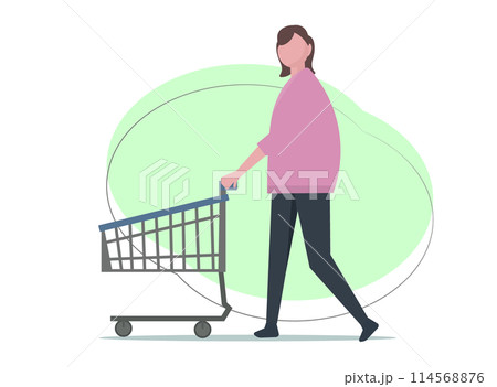 ショッピングカートを押して買い物をする女性。ベクターイラスト	 114568876