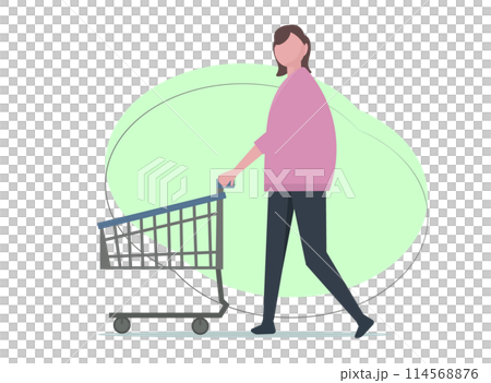 ショッピングカートを押して買い物をする女性。ベクターイラスト	 114568876