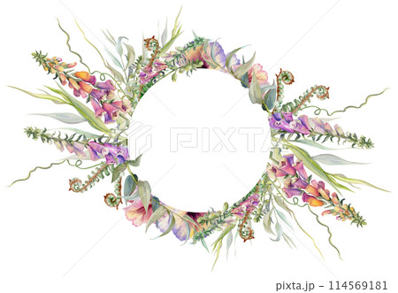 Hand drawn watercolor illustration botanical flowers leaves. Willow eucalyptus branch, tendrils, fern shoots, foxglove snapdragon lupin. Wreath isolated on white background. Design wedding, love cards Hand drawn watercolor illustration botanical flowers leaves. Willow eucalyptus branch, tendrils, fern shoots, foxglove snapdragon lupin. Wreath isolated on white background. Design wedding, love cards 114569181
