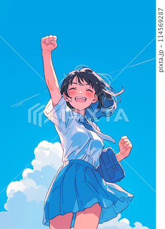 ガッツポーズする女子高生　AI生成画像 114569287