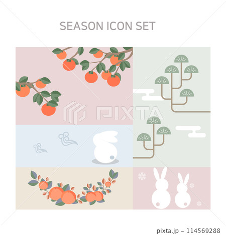 Icon of representative persimmons, pine trees, rabbits, etc. used on Thanksgiving Day in Asia. 114569288