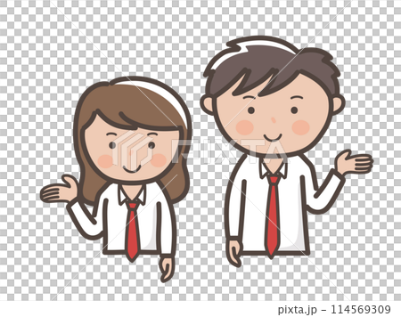 説明や案内をする制服姿のかわいい男女高校生カップルの上半身イラスト 114569309
