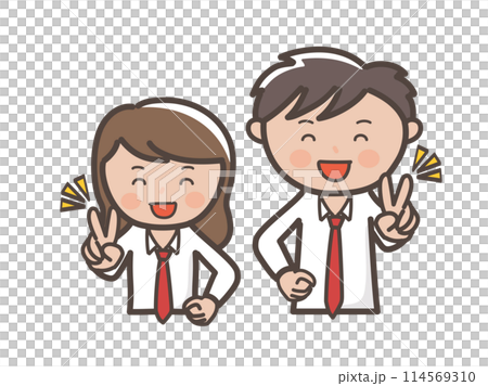 Upper body illustration of a cute high school couple in uniforms making a peace sign with a big smile 114569310