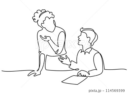 Female teacher explaining a task to a boy student. One line drawing 114569399