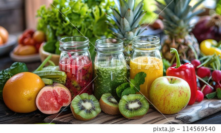 Fresh fruits, veggies, and a smoothie in a kitchen, representing a 2025 New Year's resolution for a healthy eating lifestyle. 2025 new year resolutions Fresh fruits, veggies, and a smoothie in a kitchen, representing a 2025 New Year's resolution for a healthy eating lifestyle. 2025 new year resolutions 114569540