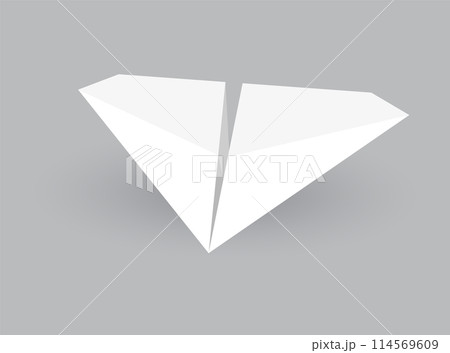 Paper plane model. Origami handmade aircraft view. Vector white paper airplane with shadow, isolated on gray background 114569609