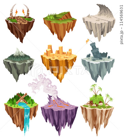 Game flying islands with volcanoes, waterfall, glacier and craters. Flying platform of exotic nature game island. Colorful flat vector elements for fantasy computer or mobile game Game flying islands with volcanoes, waterfall, glacier and craters. Flying platform of exotic nature game island. Colorful flat vector elements for fantasy computer or mobile game 114569631