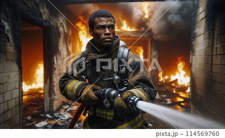 photorealistic image of an African American male firefighter extinguishing fire in burning building 114569760