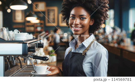 joyful young African American woman barista, with smile that reflects the welcoming nature 114569781