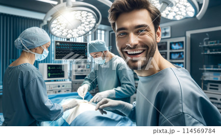 professional surgeon in a high-tech operating room, in the midst of a complex surgery. 114569784