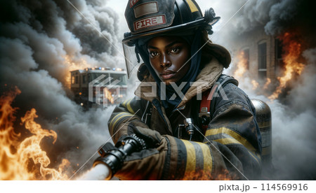 photorealistic image of a female African firefighter intensely focused while extinguishing a fire 114569916