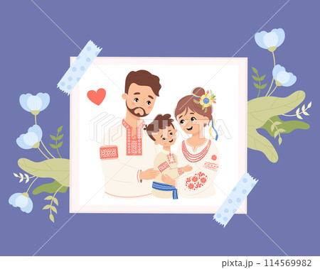 Happy Ukrainian family of three. Man dad his wife and son together in embrace in traditional embroidered clothing, signifying cultural heritage. Vector illustration. Photo portrait frame with flowers 114569982