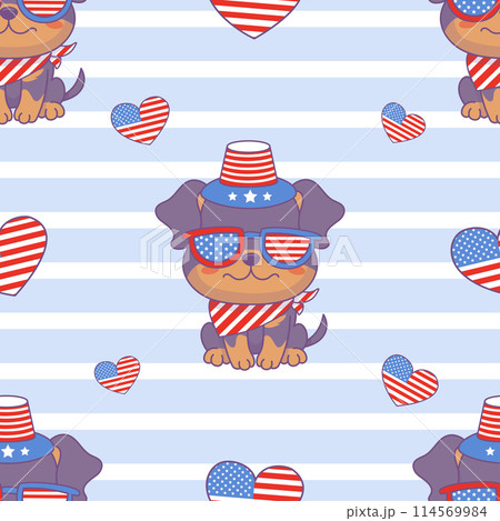 Seamless pattern with patriotic dog Rottweiler in party glasses, hat and neckerchief in colors of American flag on blue and white striped background. Vector illustration. Holiday Independence Day. Seamless pattern with patriotic dog Rottweiler in party glasses, hat and neckerchief in colors of American flag on blue and white striped background. Vector illustration. Holiday Independence Day. 114569984