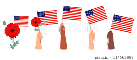 Diverse hands with American flags and red poppy flower collection. Vector illustration in flat style. Isolated elements for design national traditional holidays and Independence Day. 114569985