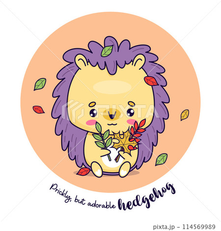 Cute hedgehog with autumn leaves. Vector illustration. Funny cartoon kawaii animal character. Kids collection. Cute hedgehog with autumn leaves. Vector illustration. Funny cartoon kawaii animal character. Kids collection. 114569989