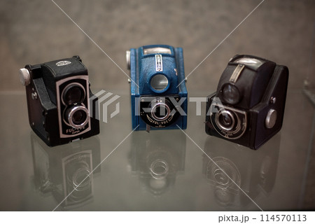 Porto, Portugal - 31 May 2023 - Tiny vintage Ensign Barnet Fel-Vue cameras at the Portuguese Center of Photography in Porto Porto, Portugal - 31 May 2023 - Tiny vintage Ensign Barnet Fel-Vue cameras at the Portuguese Center of Photography in Porto 114570113